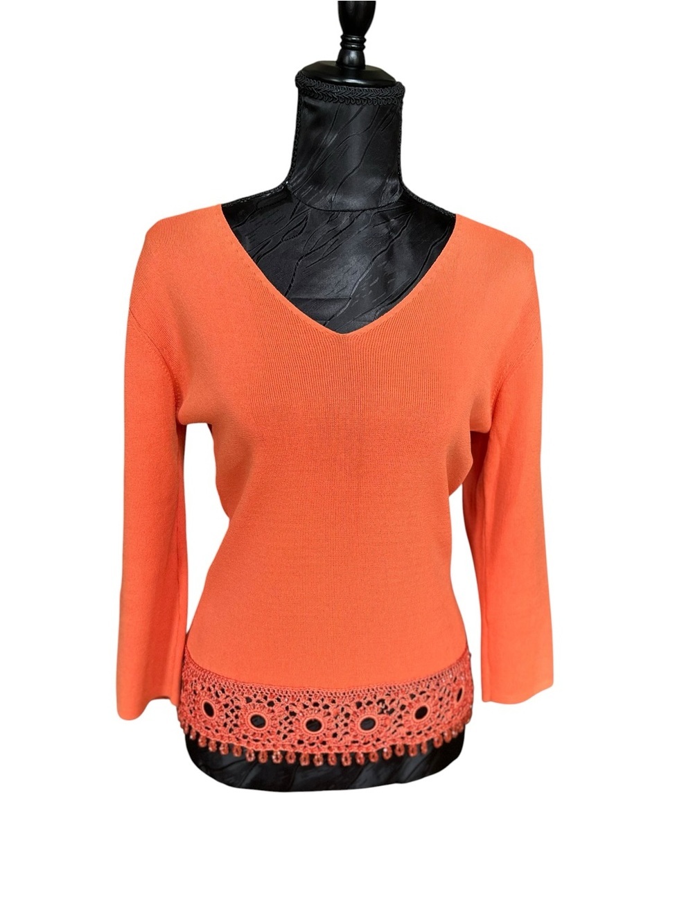 Joseph A Orange Crochet Beaded Hem V Neck 3/4 Sleeve Sweater M